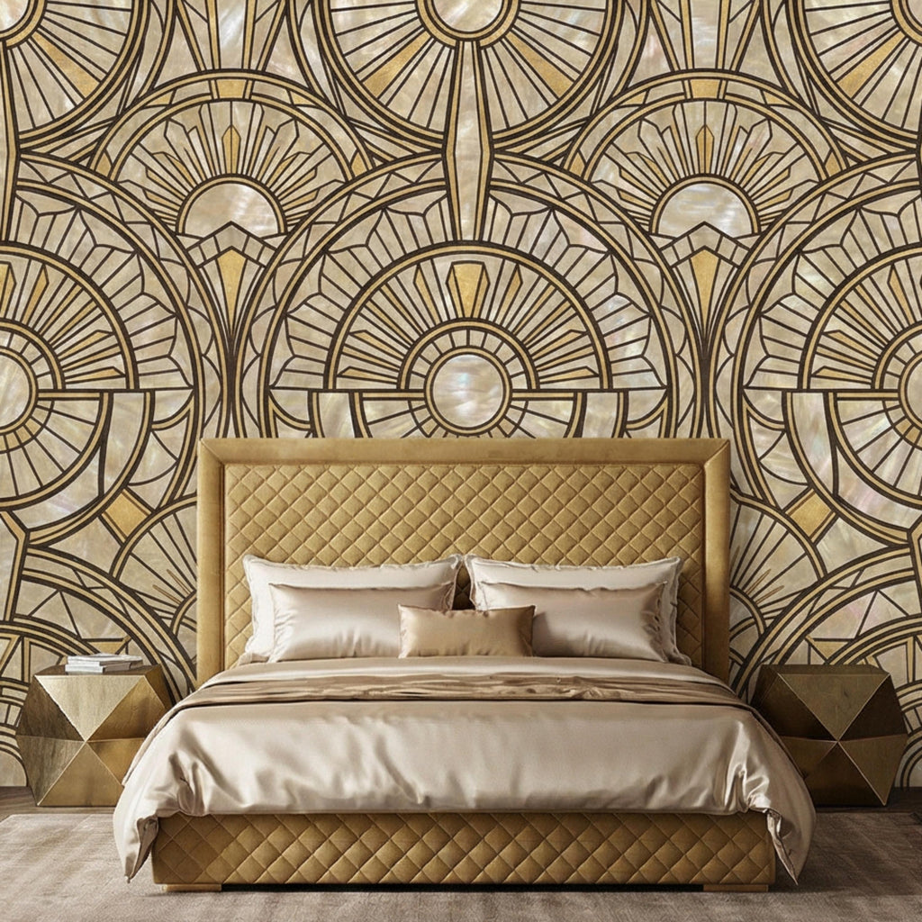Art Deco Geometric Fan Peel and Stick Wall Mural, Pearl Pattern 1920s Gatsby Glam Neutral Wallpaper