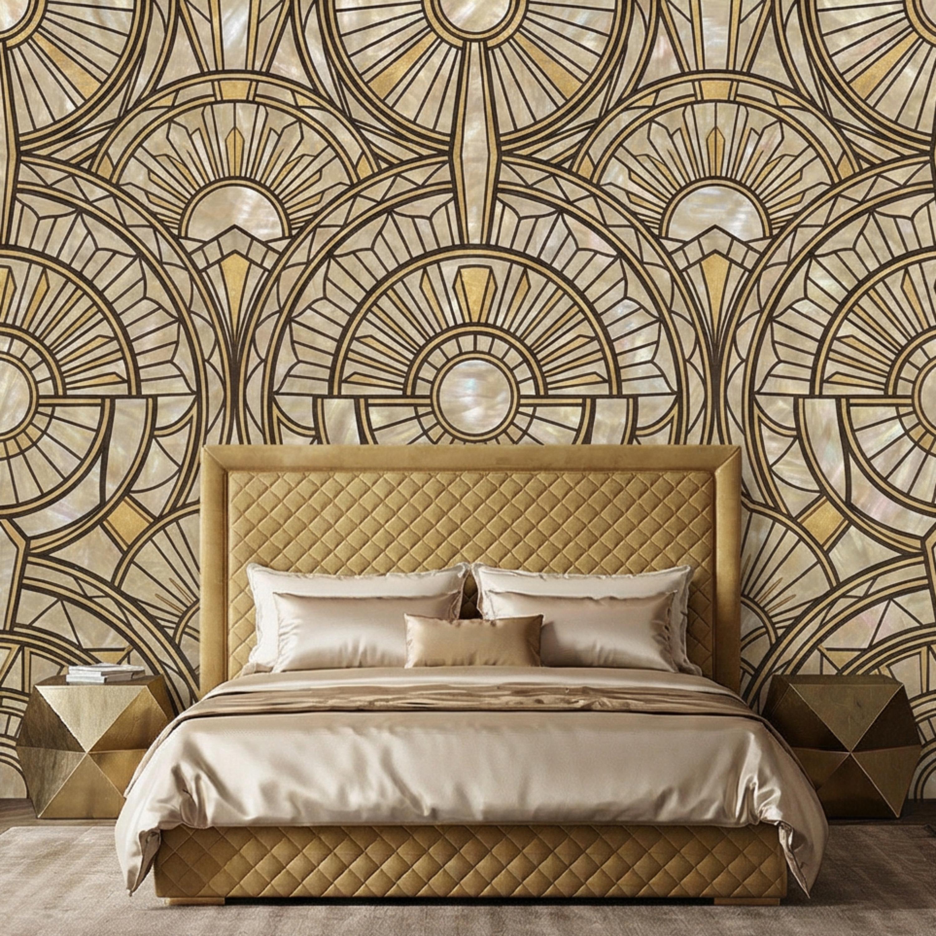 Art Deco Geometric Fan Peel and Stick Wall Mural, Pearl Pattern 1920s Gatsby Glam Neutral Wallpaper