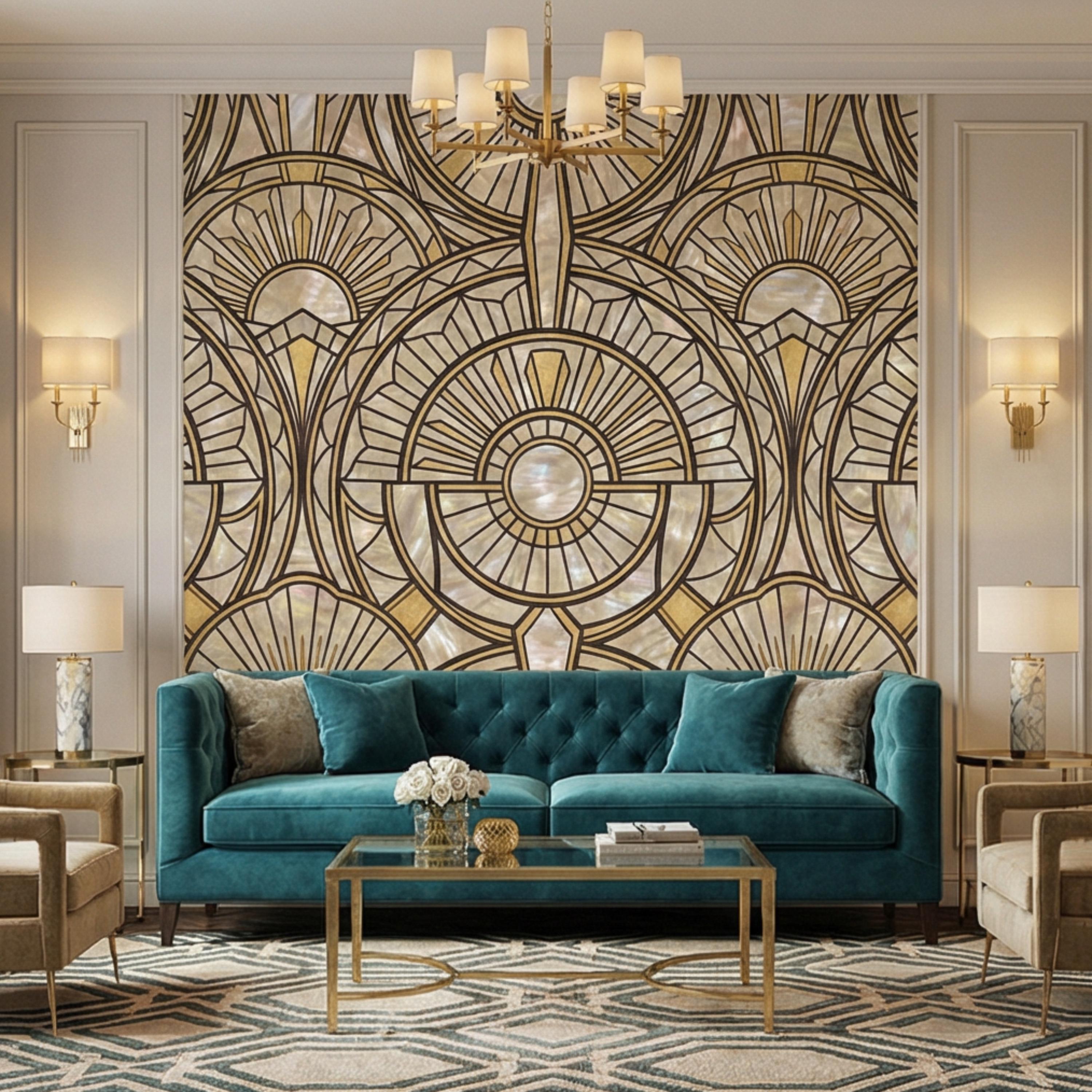 Art Deco Geometric Fan Peel and Stick Wall Mural, Pearl Pattern 1920s Gatsby Glam Neutral Wallpaper
