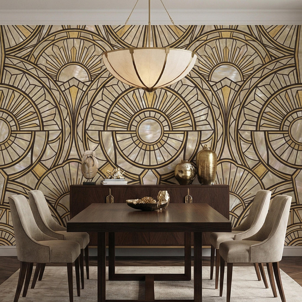 Art Deco Geometric Fan Peel and Stick Wall Mural, Pearl Pattern 1920s Gatsby Glam Neutral Wallpaper