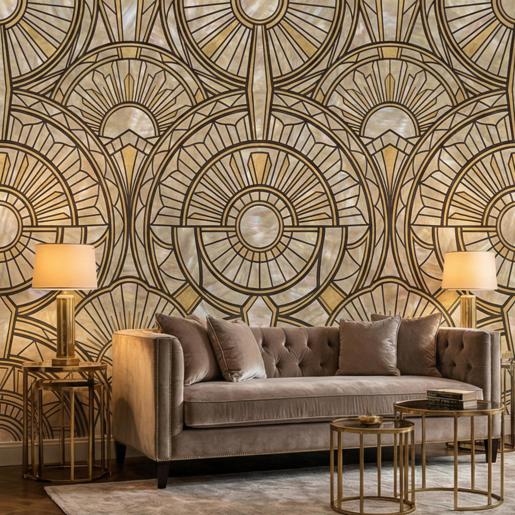 Art Deco Geometric Fan Peel and Stick Wall Mural, Pearl Pattern 1920s Gatsby Glam Neutral Wallpaper