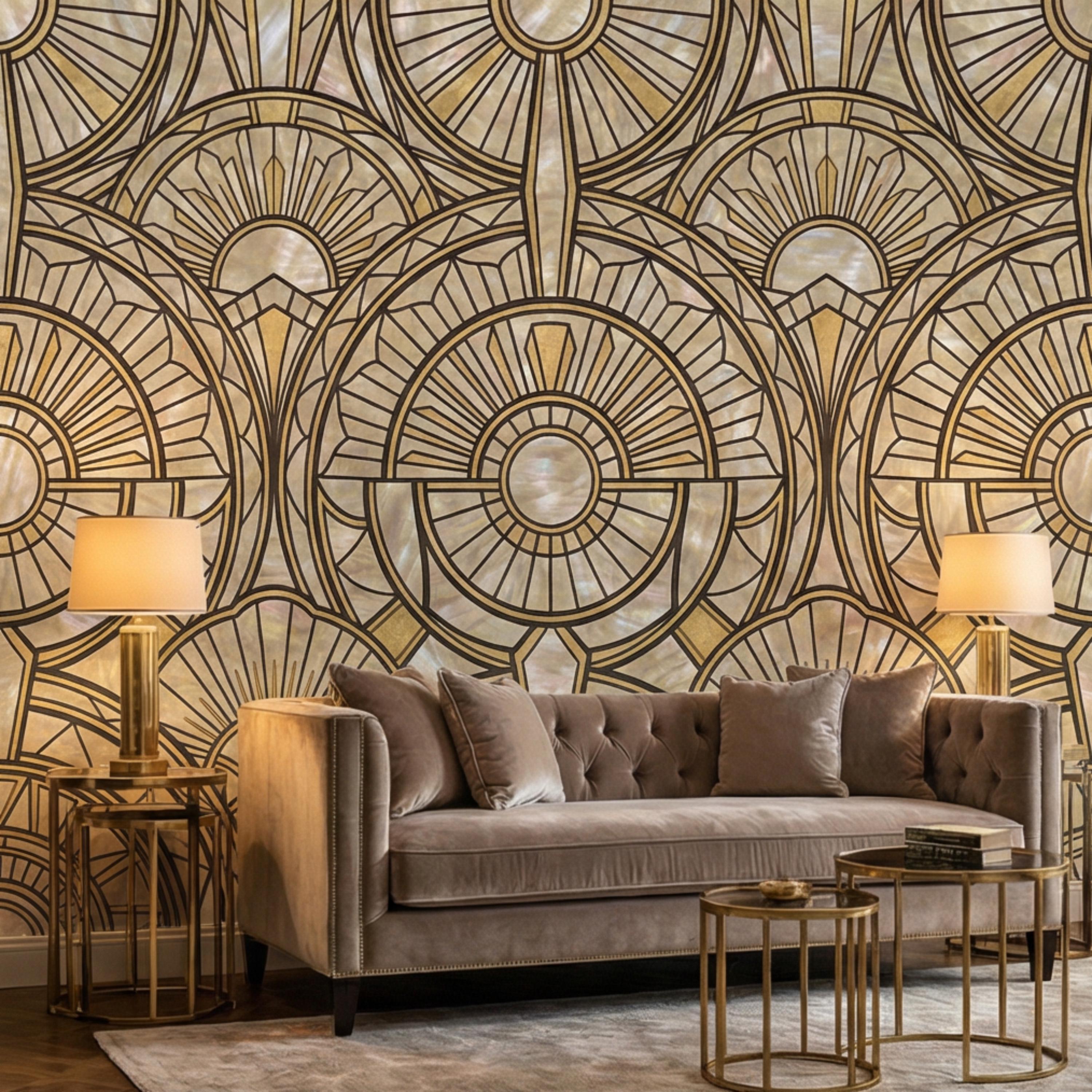 Art Deco Geometric Fan Peel and Stick Wall Mural, Pearl Pattern 1920s Gatsby Glam Neutral Wallpaper
