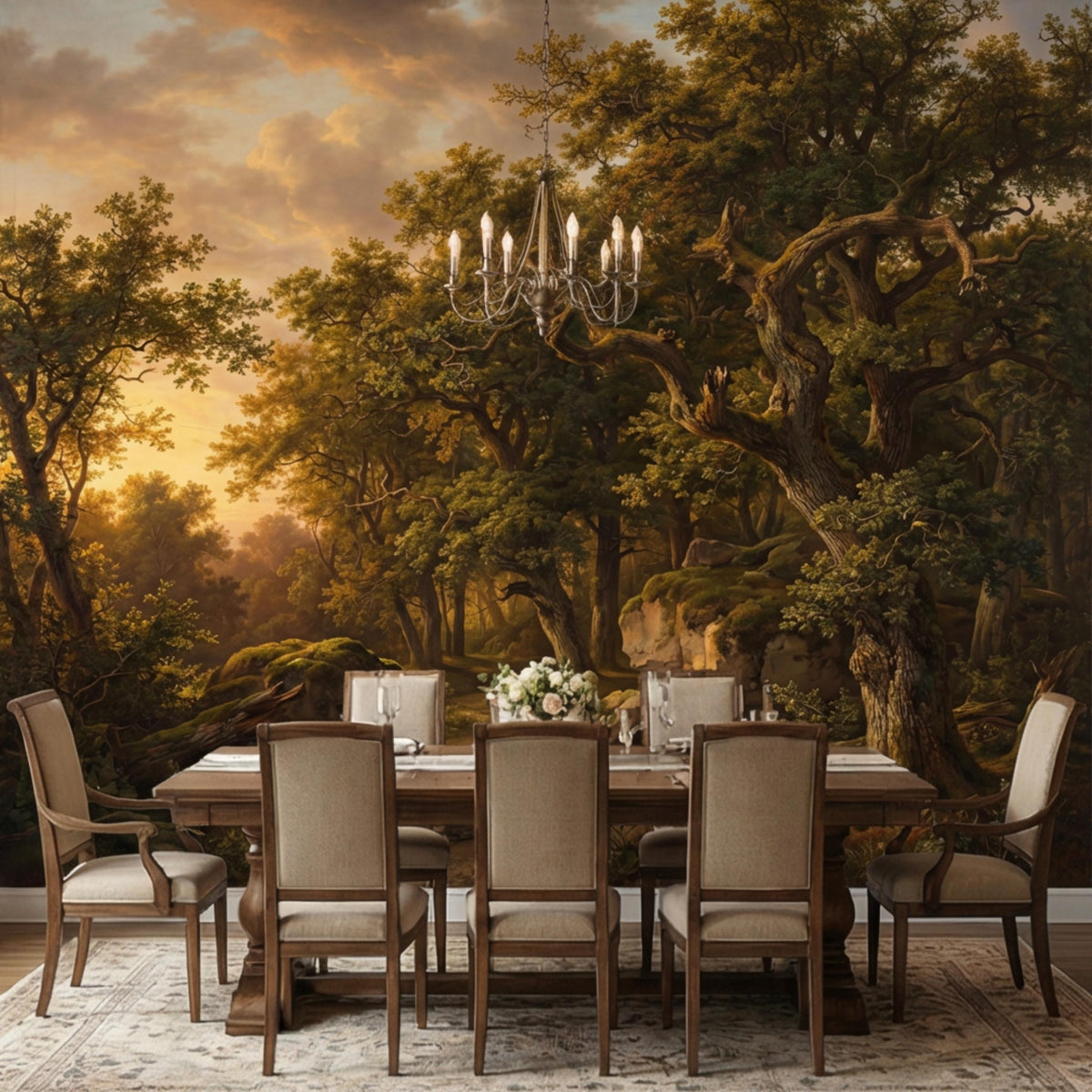 Sunlit forest wall mural with golden trees and chandelier over dining table