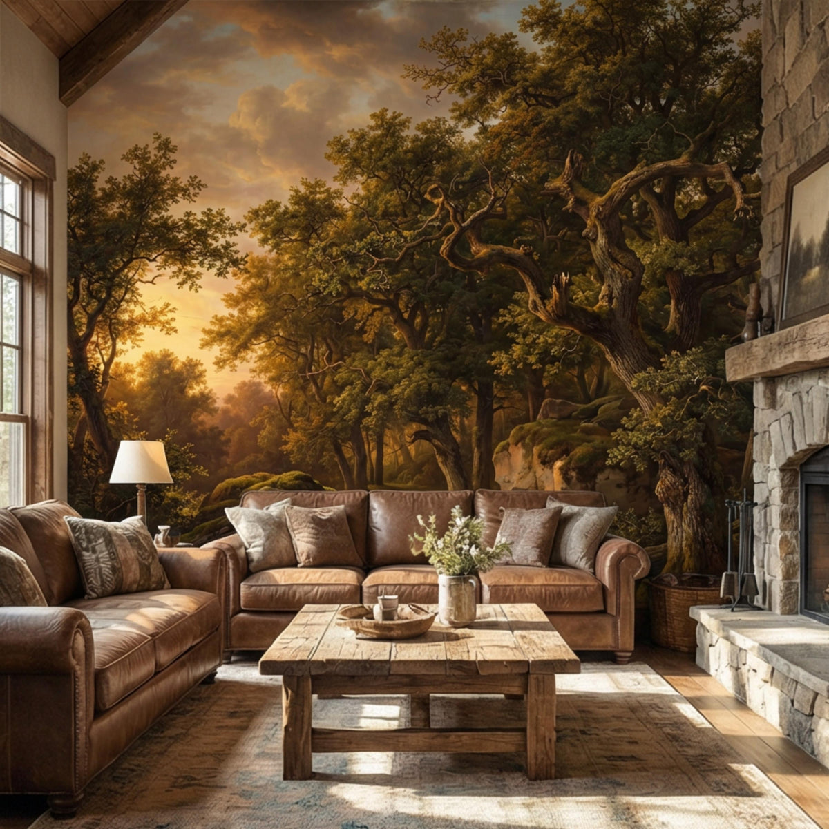 Golden forest landscape wall mural above sofa, with warm light through trees