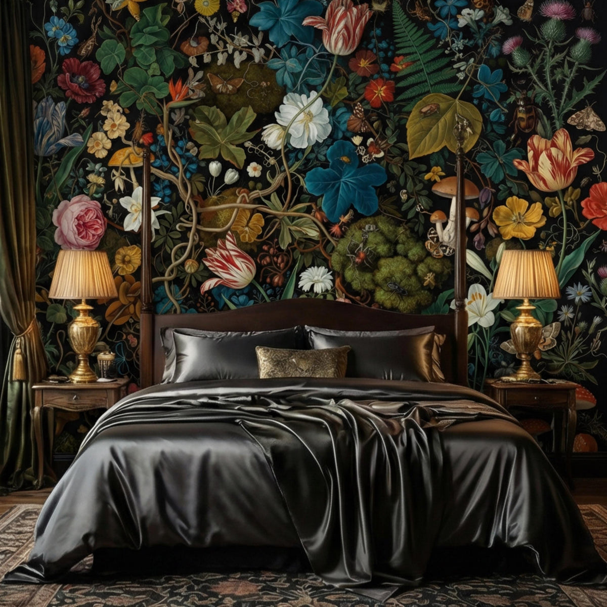 Botanical wall mural close view with flowers, mushrooms, and colorful moth and butterfly details
