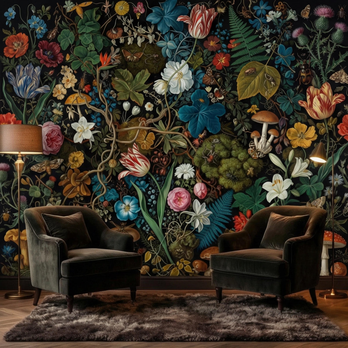 Dark botanical wall mural with wildflowers, mushrooms, and winged moths and butterflies