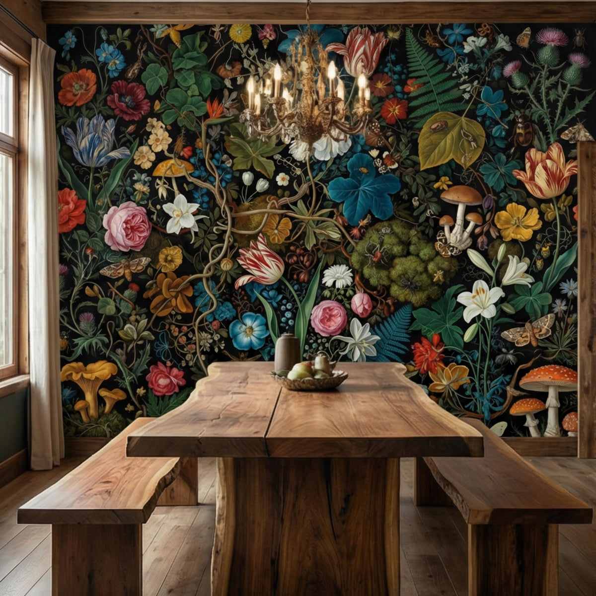 Dark cottage botanical wall mural with wildflowers, mushrooms, and winged insects across the wall
