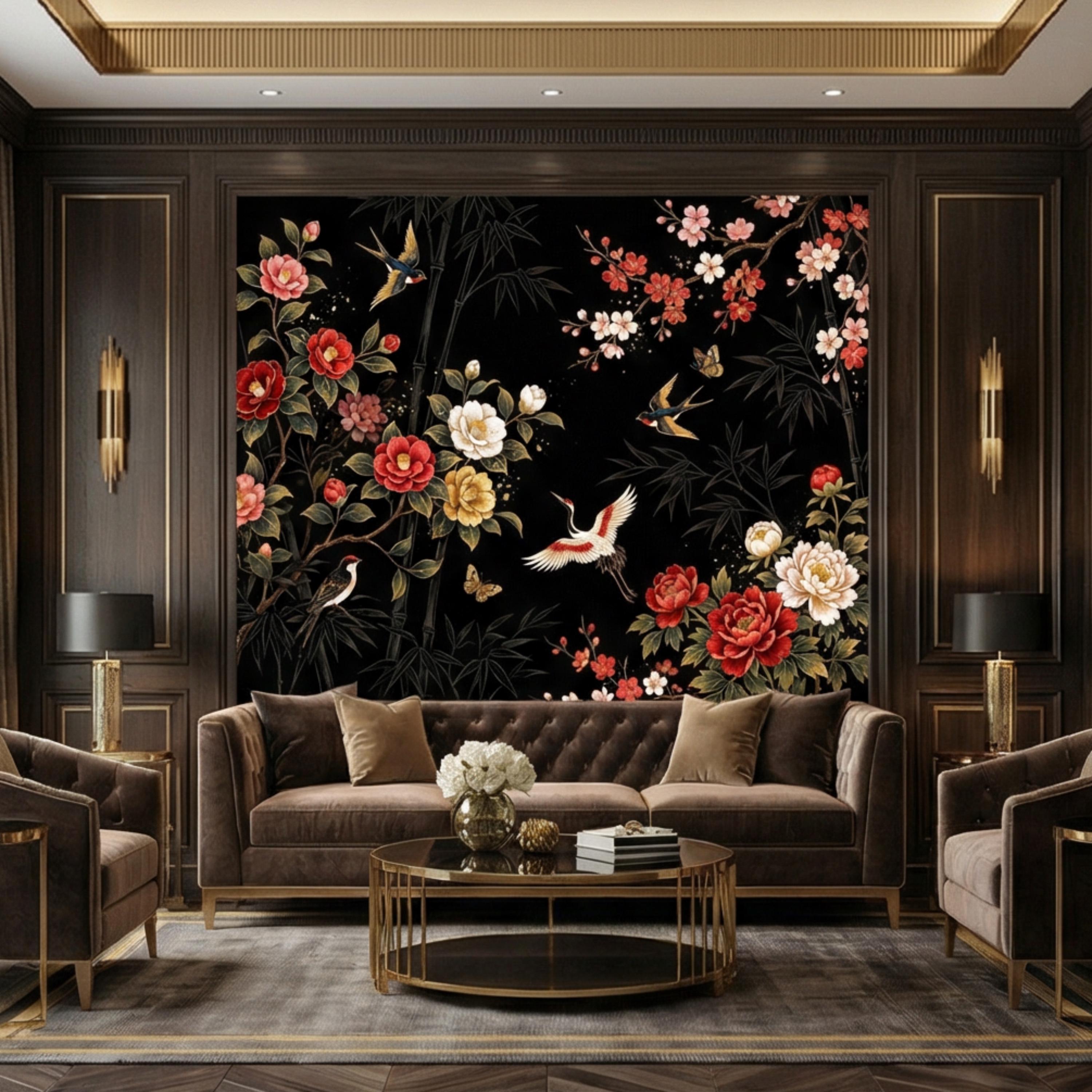 Black Chinoiserie Floral Birds & Bamboo Peel and Stick Wall Mural, Red Peony Camellia Cherry Blossoms Crane Wallpaper Decor
