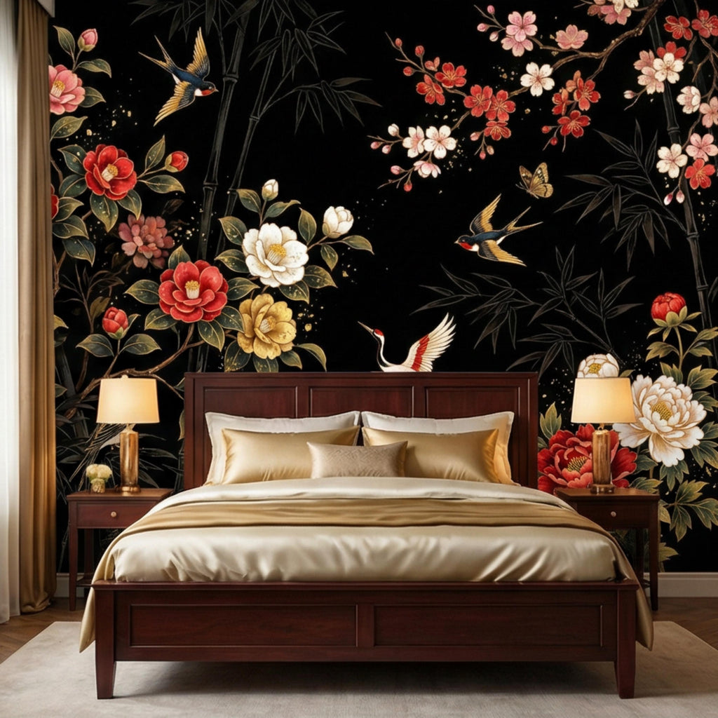 Black Chinoiserie Floral Birds & Bamboo Peel and Stick Wall Mural, Red Peony Camellia Cherry Blossoms Crane Wallpaper Decor