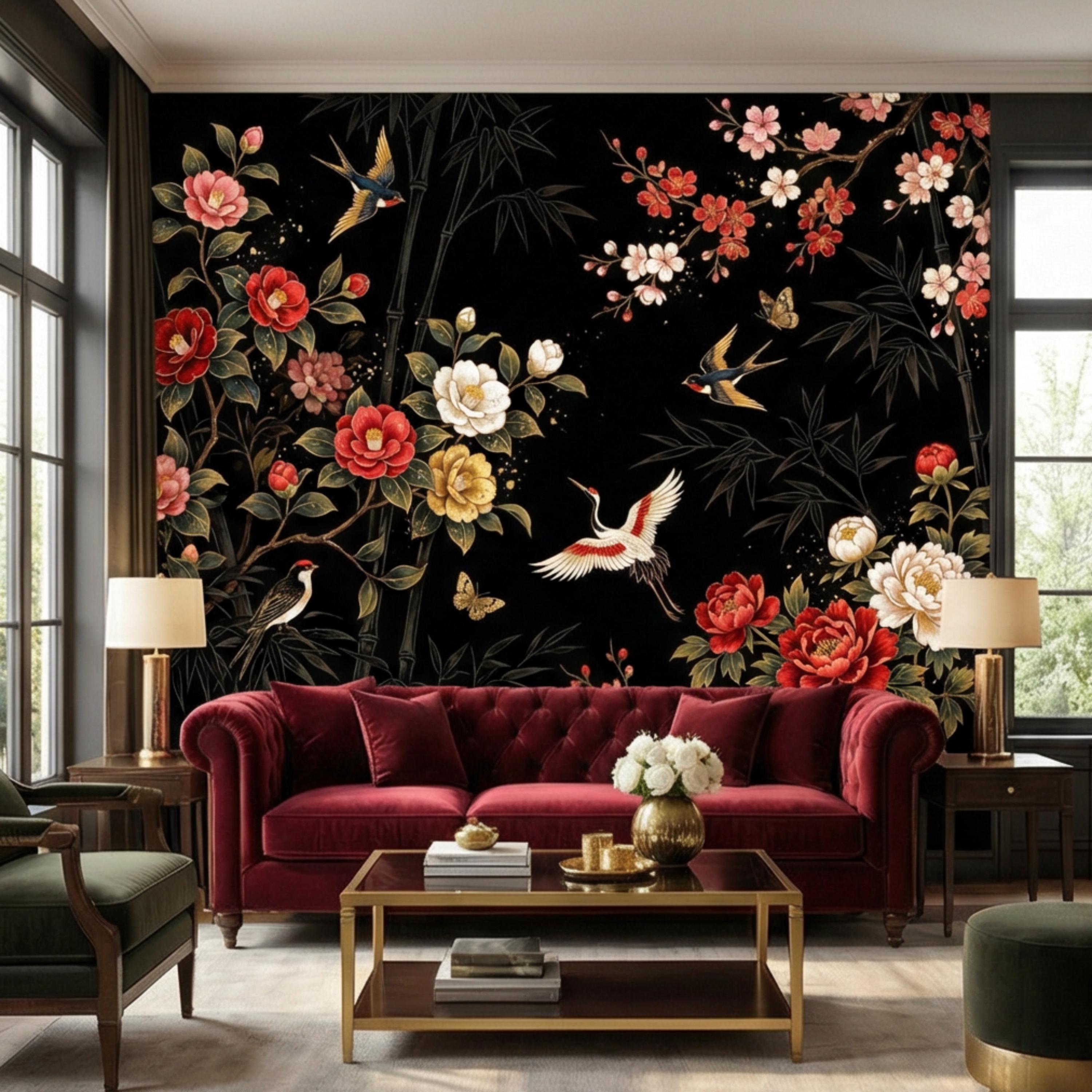 Black Chinoiserie Floral Birds & Bamboo Peel and Stick Wall Mural, Red Peony Camellia Cherry Blossoms Crane Wallpaper Decor