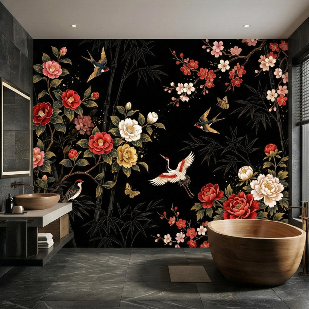 Black Chinoiserie Floral Birds & Bamboo Peel and Stick Wall Mural, Red Peony Camellia Cherry Blossoms Crane Wallpaper Decor