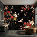 Black Chinoiserie Floral Birds & Bamboo Peel and Stick Wall Mural, Red Peony Camellia Cherry Blossoms Crane Wallpaper Decor