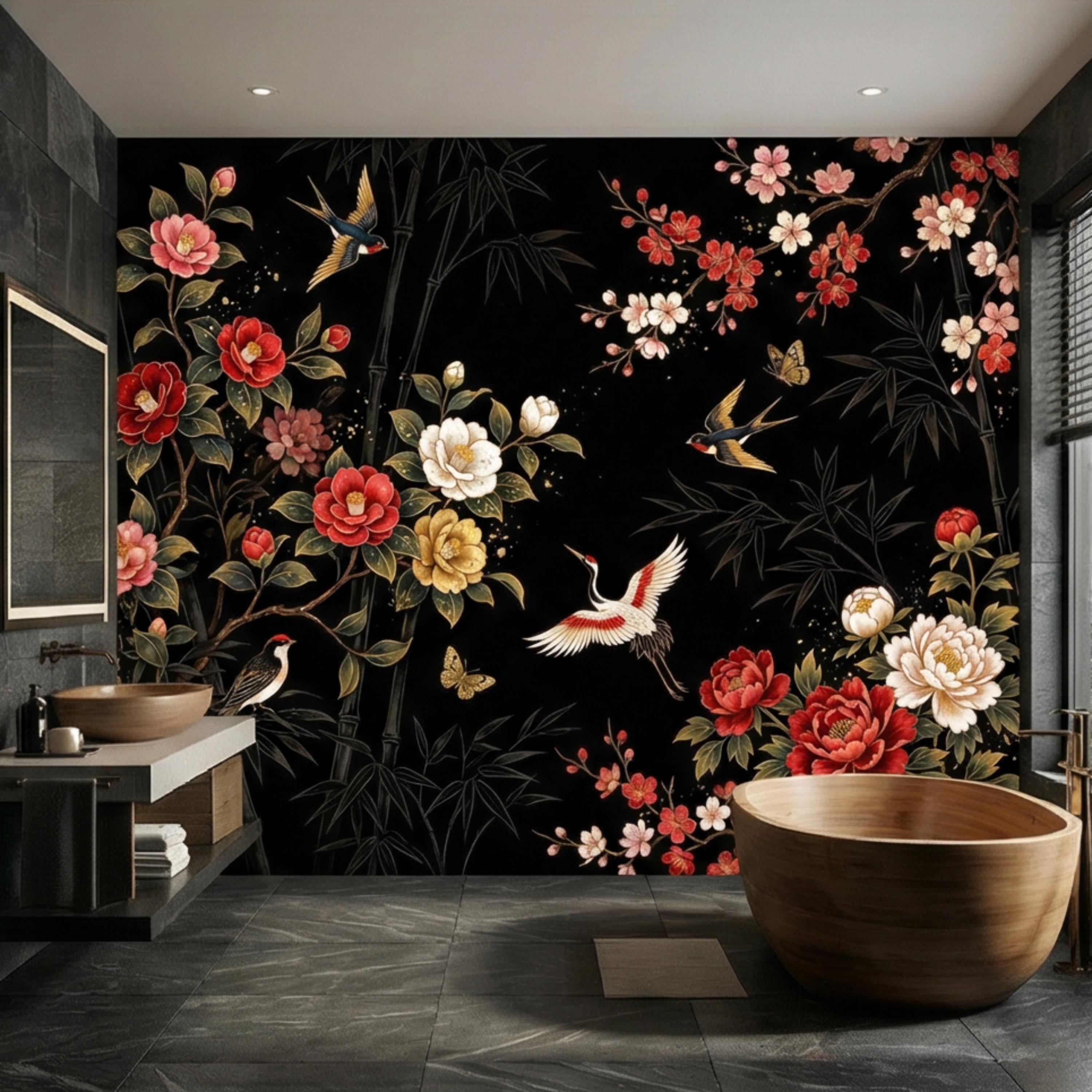 Black Chinoiserie Floral Birds & Bamboo Peel and Stick Wall Mural, Red Peony Camellia Cherry Blossoms Crane Wallpaper Decor