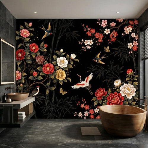 Black wall mural with pink and red peonies, bamboo branches, and cranes flying
