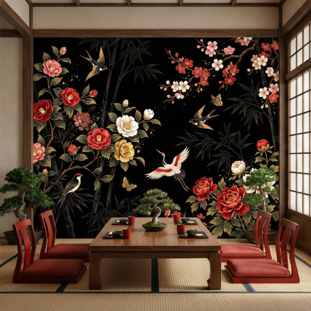 Black Chinoiserie Floral Birds & Bamboo Peel and Stick Wall Mural, Red Peony Camellia Cherry Blossoms Crane Wallpaper Decor