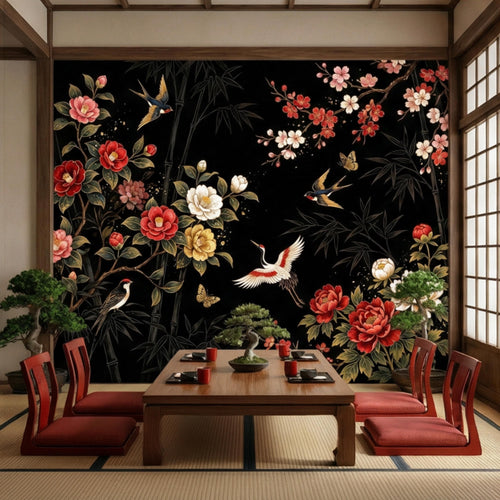 Black floral wall mural with cranes, cherry blossoms, and bamboo branches