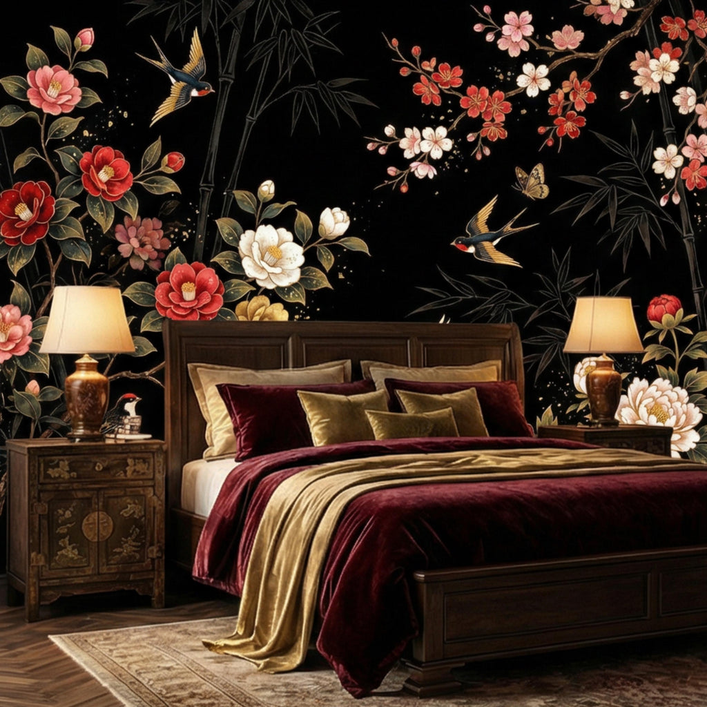 Black Chinoiserie Floral Birds & Bamboo Peel and Stick Wall Mural, Red Peony Camellia Cherry Blossoms Crane Wallpaper Decor