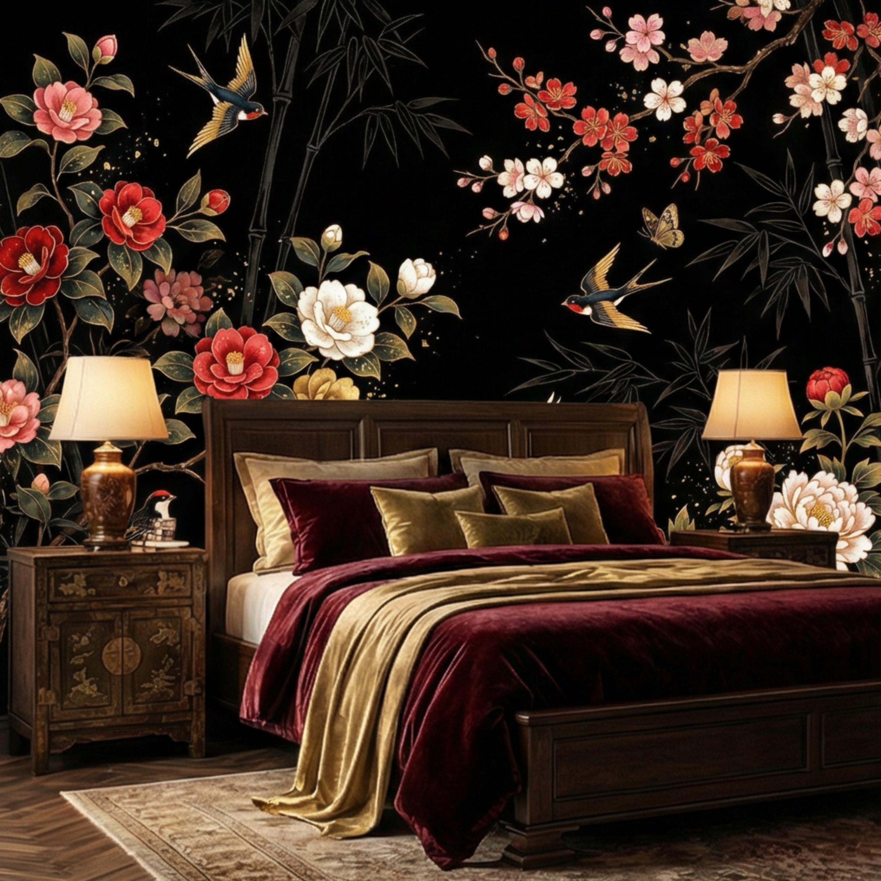 Black Chinoiserie Floral Birds & Bamboo Peel and Stick Wall Mural, Red Peony Camellia Cherry Blossoms Crane Wallpaper Decor