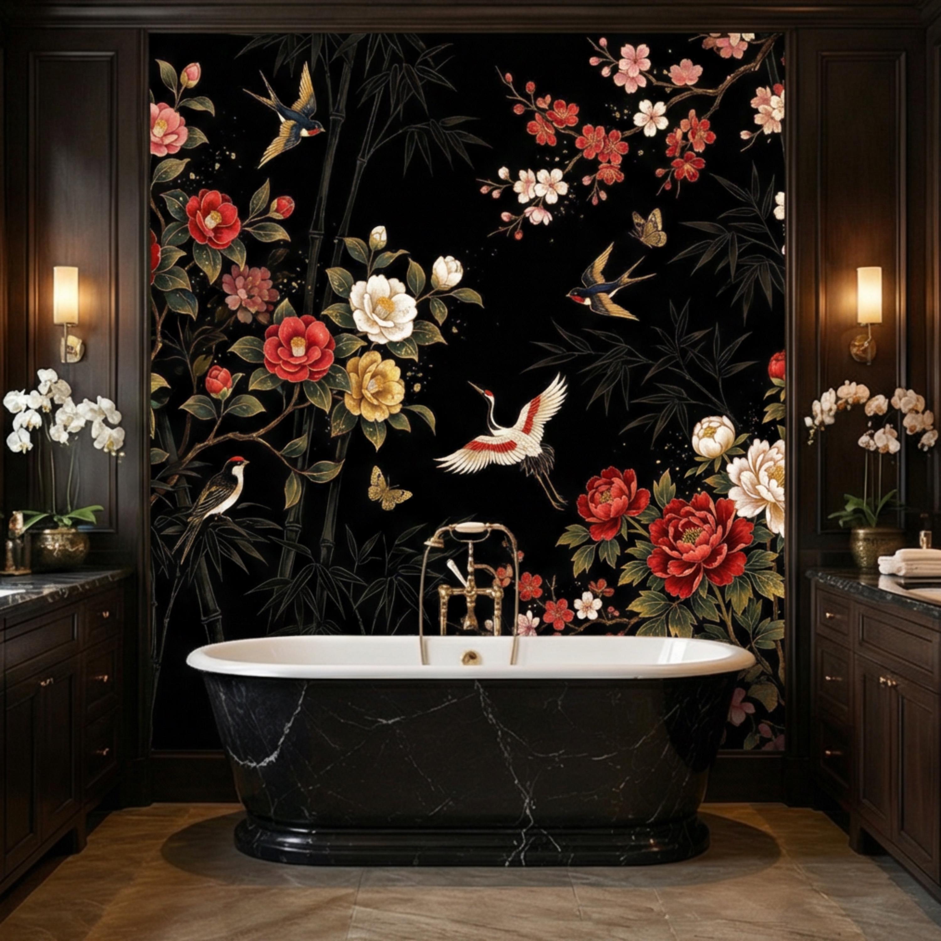 Black Chinoiserie Floral Birds & Bamboo Peel and Stick Wall Mural, Red Peony Camellia Cherry Blossoms Crane Wallpaper Decor