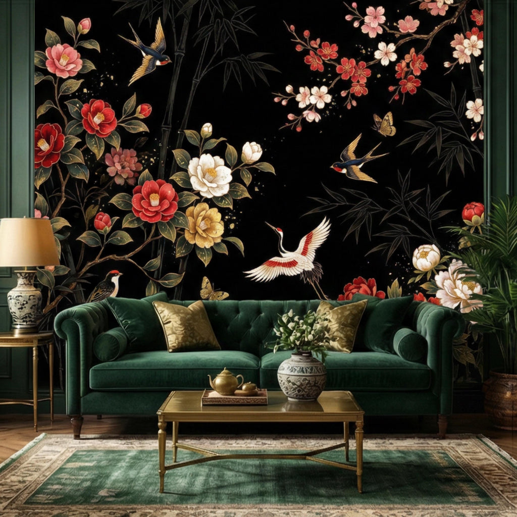Black Chinoiserie Floral Birds & Bamboo Peel and Stick Wall Mural, Red Peony Camellia Cherry Blossoms Crane Wallpaper Decor