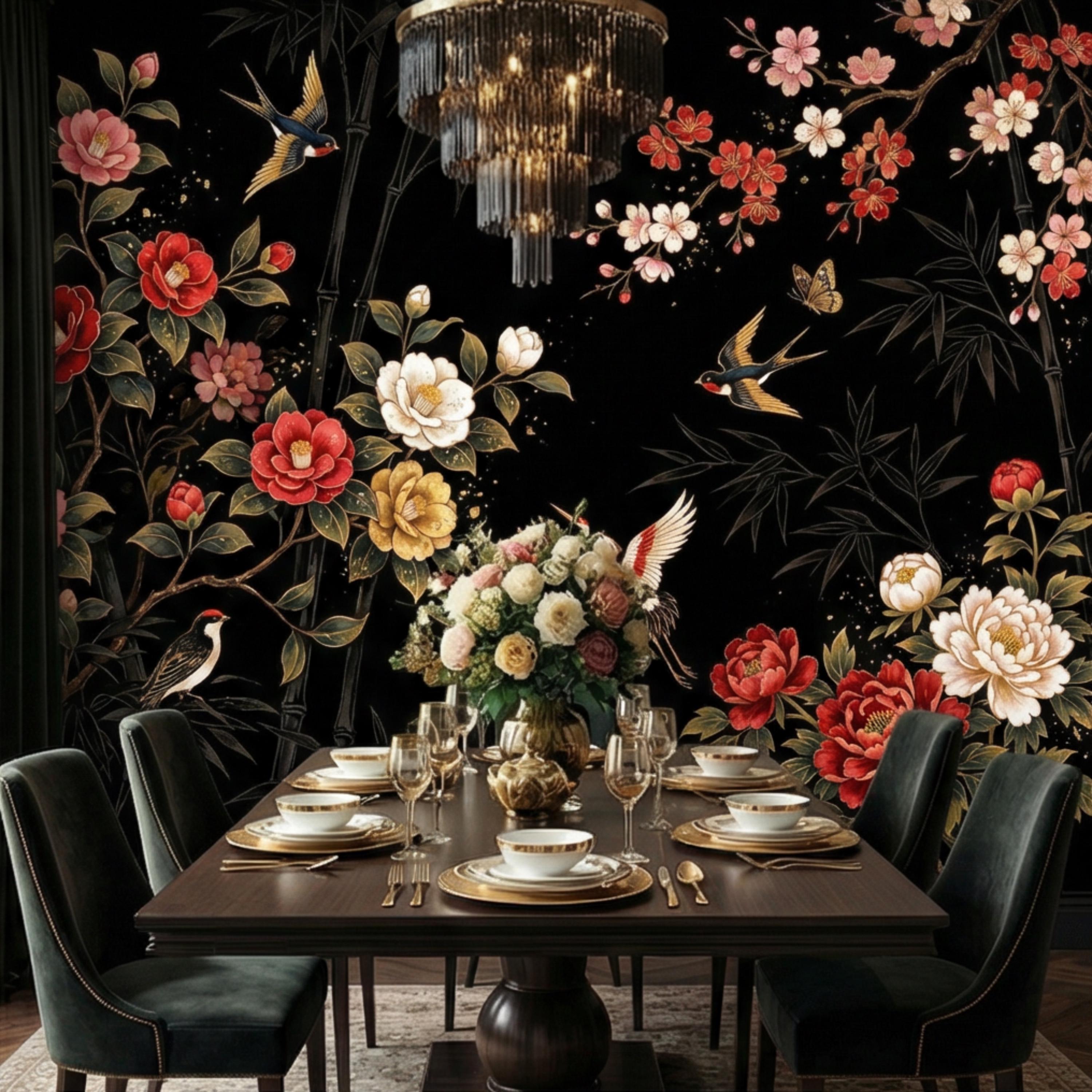 Black Chinoiserie Floral Birds & Bamboo Peel and Stick Wall Mural, Red Peony Camellia Cherry Blossoms Crane Wallpaper Decor