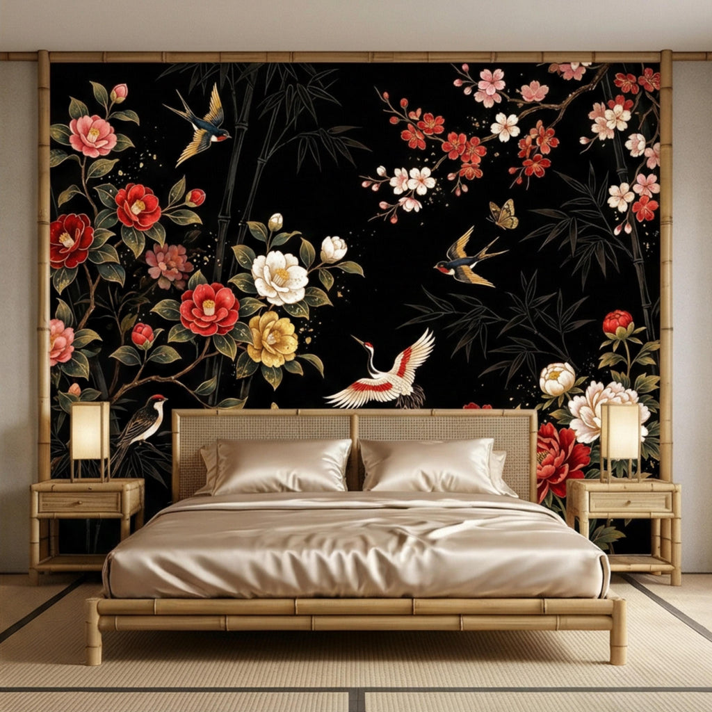 Black Chinoiserie Floral Birds & Bamboo Peel and Stick Wall Mural, Red Peony Camellia Cherry Blossoms Crane Wallpaper Decor