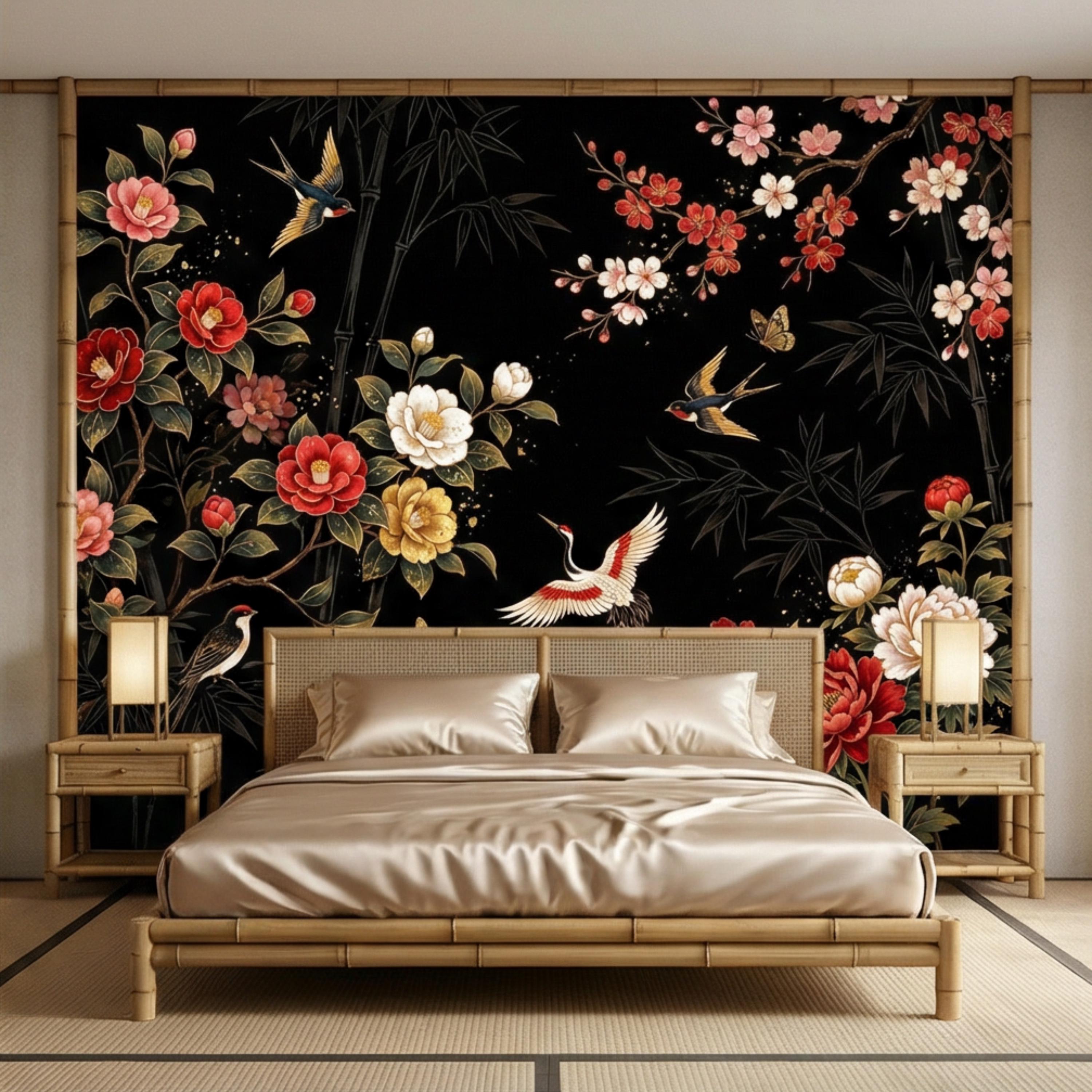Black Chinoiserie Floral Birds & Bamboo Peel and Stick Wall Mural, Red Peony Camellia Cherry Blossoms Crane Wallpaper Decor