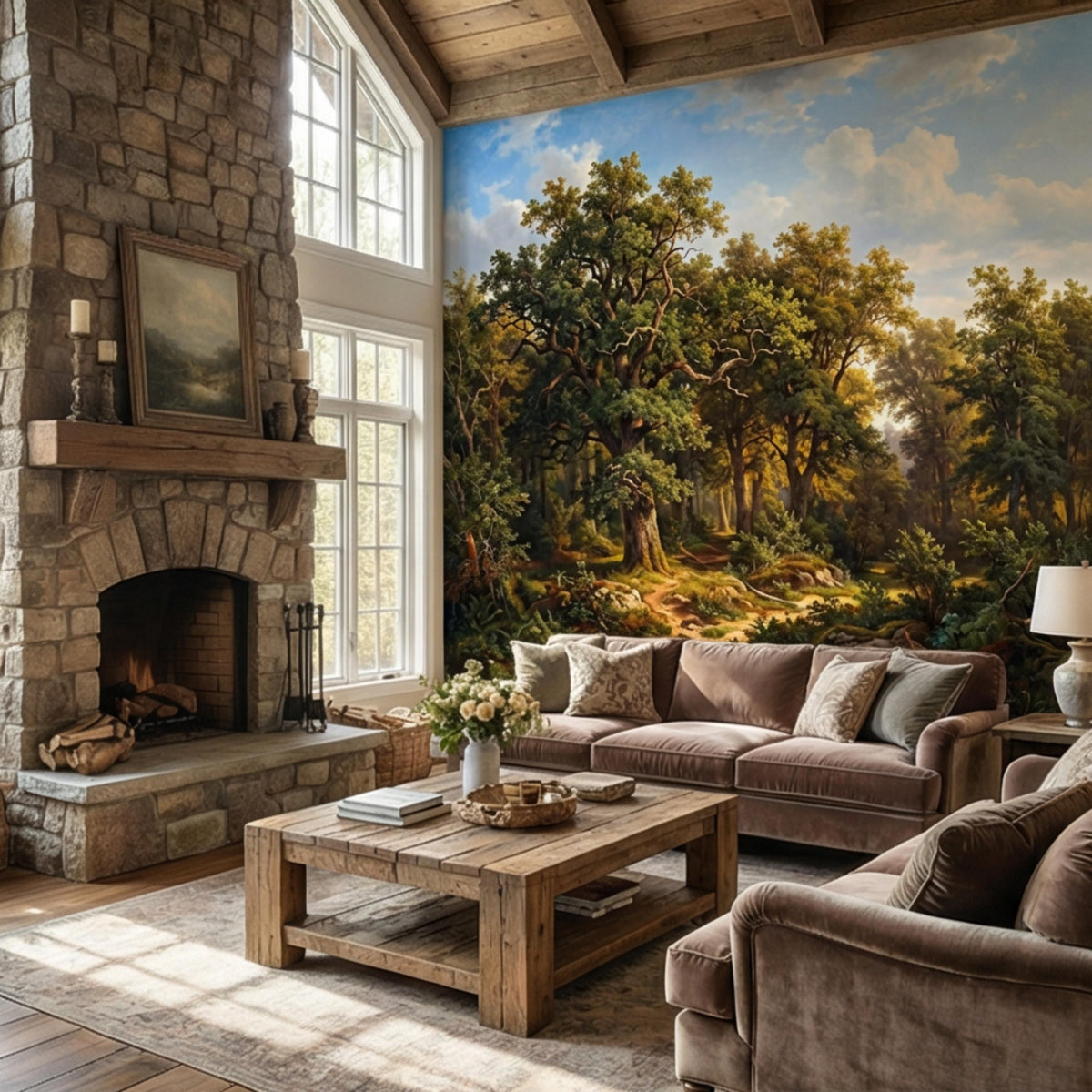 Forest woodland path wall mural showing green treetops and warm sunlit clearing