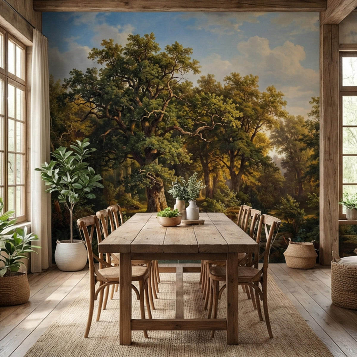 Sunlit woodland path wall mural with leafy green trees and distant light clouds