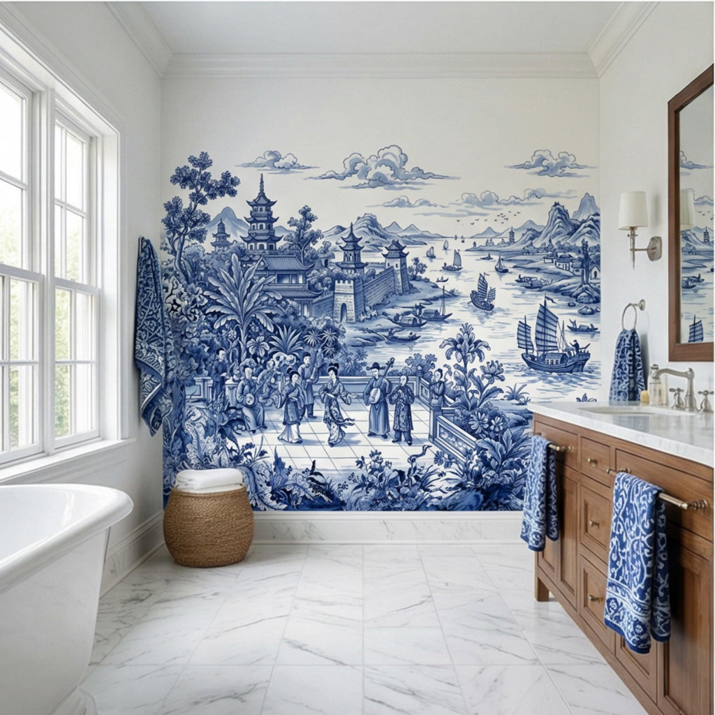 Blue & White Chinoiserie Toile Peel and Stick Wall Mural, Pagoda River Scene with Sailboats, Vintage Asian Landscape Wallpaper