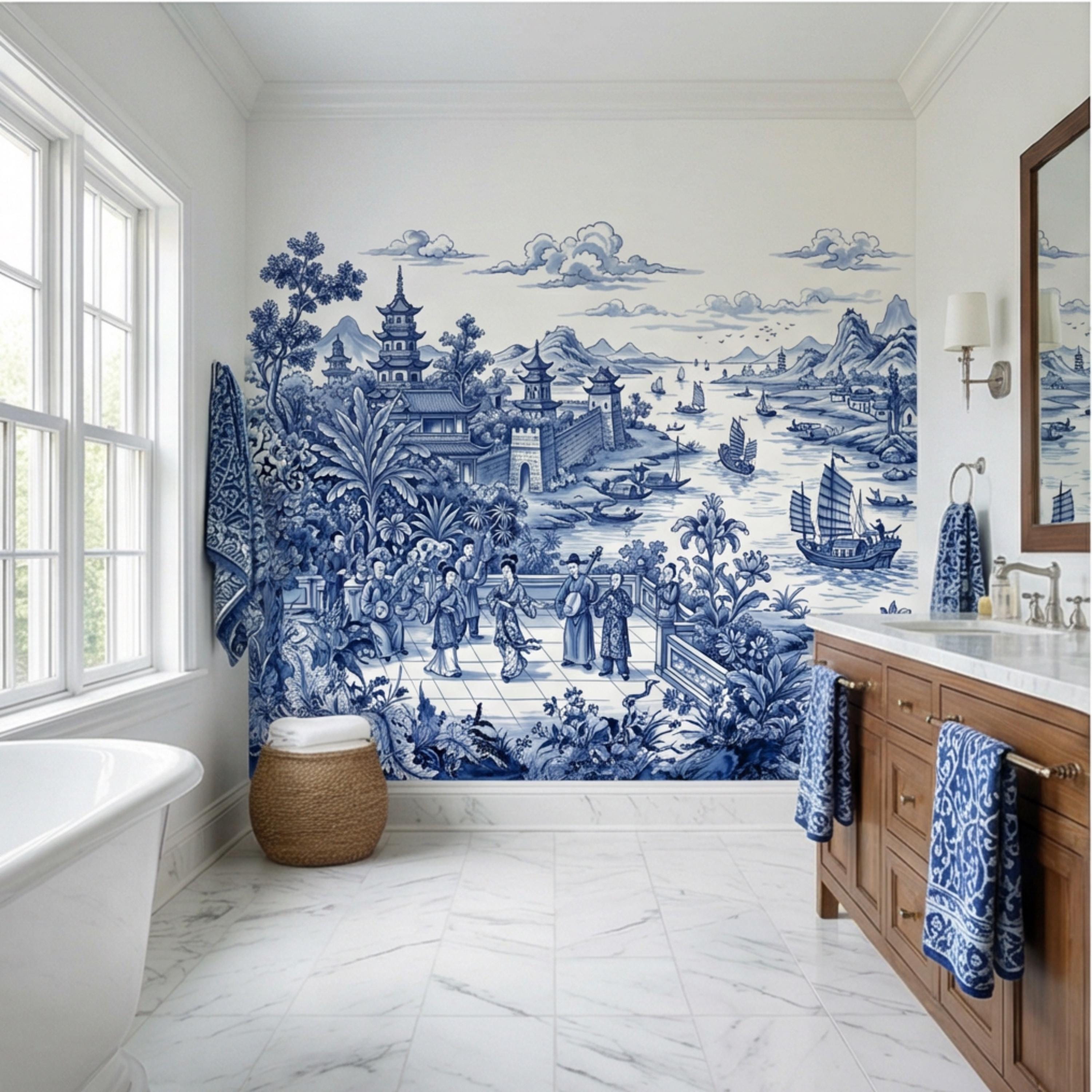 Blue & White Chinoiserie Toile Peel and Stick Wall Mural, Pagoda River Scene with Sailboats, Vintage Asian Landscape Wallpaper