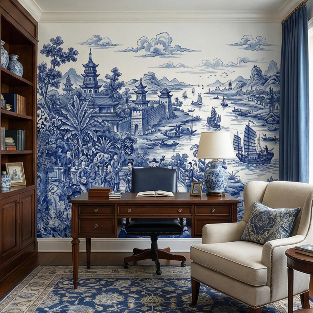 Blue & White Chinoiserie Toile Peel and Stick Wall Mural, Pagoda River Scene with Sailboats, Vintage Asian Landscape Wallpaper