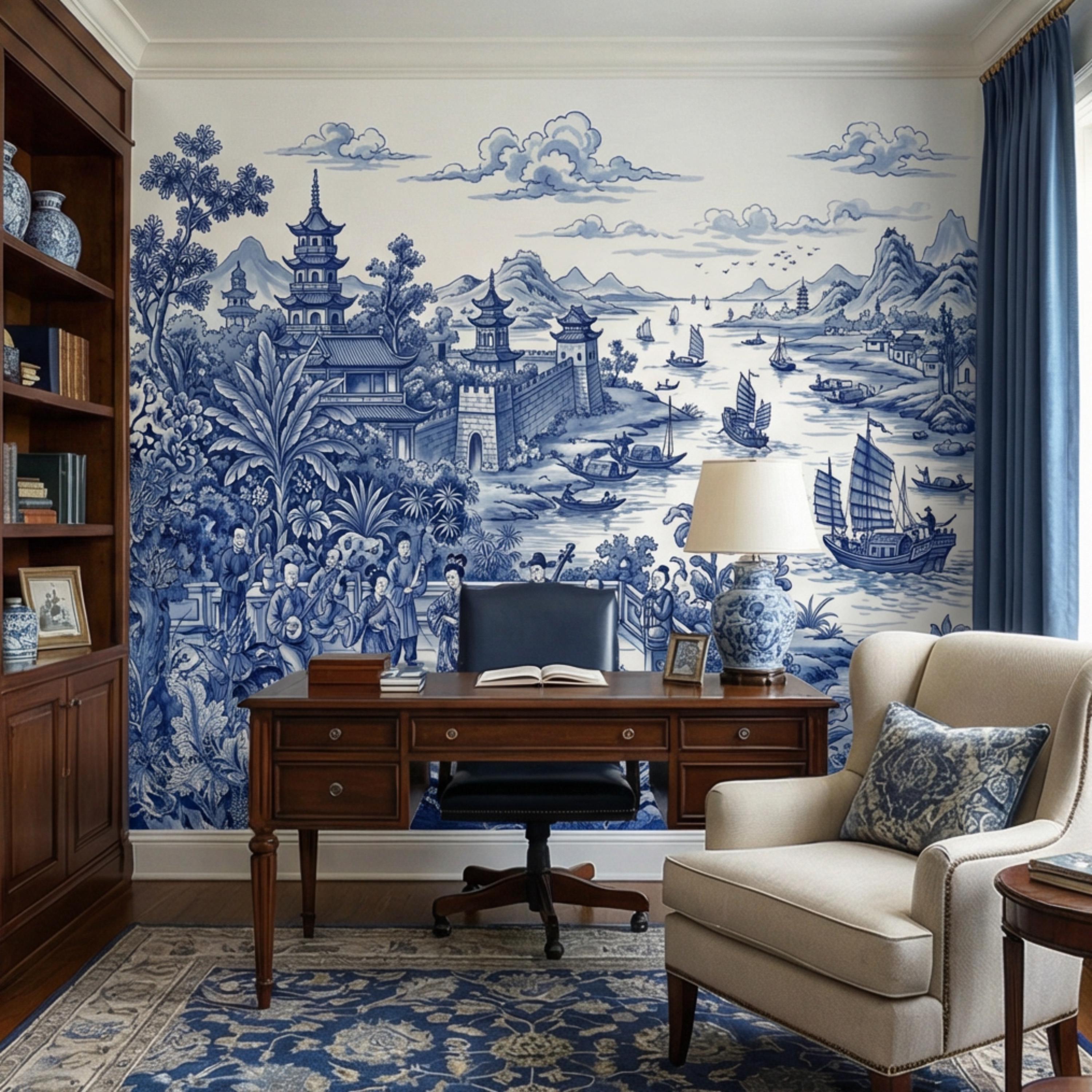 Blue & White Chinoiserie Toile Peel and Stick Wall Mural, Pagoda River Scene with Sailboats, Vintage Asian Landscape Wallpaper
