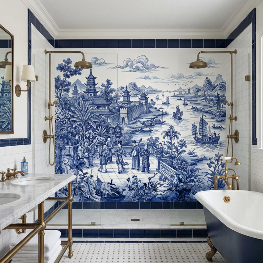 Blue & White Chinoiserie Toile Peel and Stick Wall Mural, Pagoda River Scene with Sailboats, Vintage Asian Landscape Wallpaper