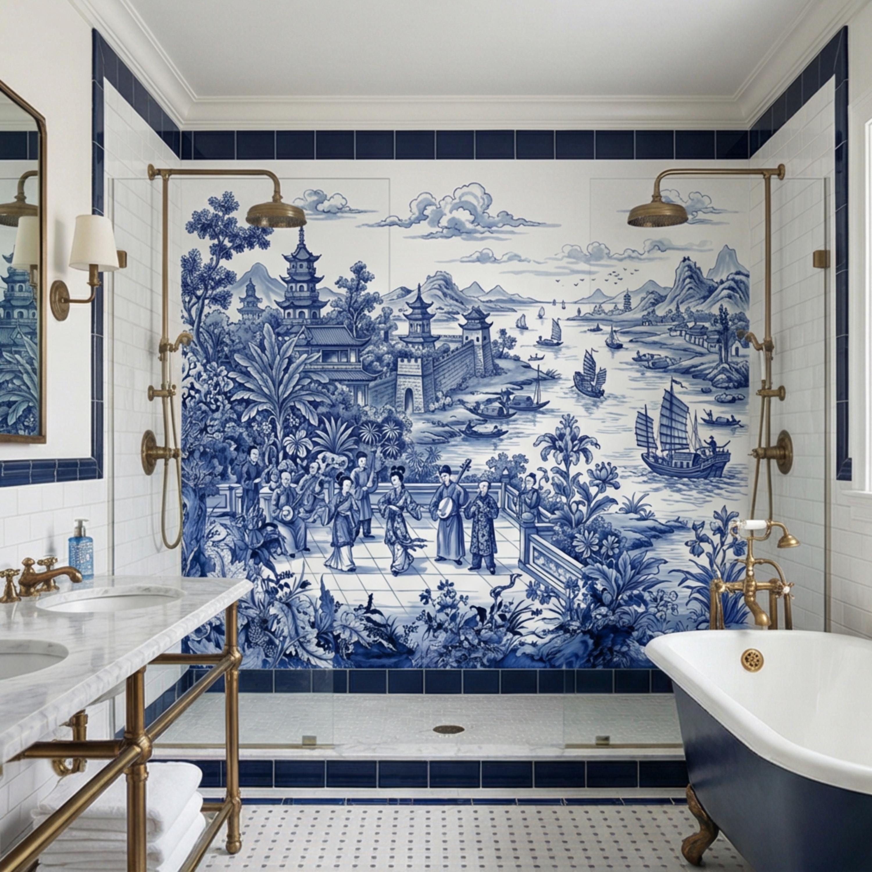 Blue & White Chinoiserie Toile Peel and Stick Wall Mural, Pagoda River Scene with Sailboats, Vintage Asian Landscape Wallpaper