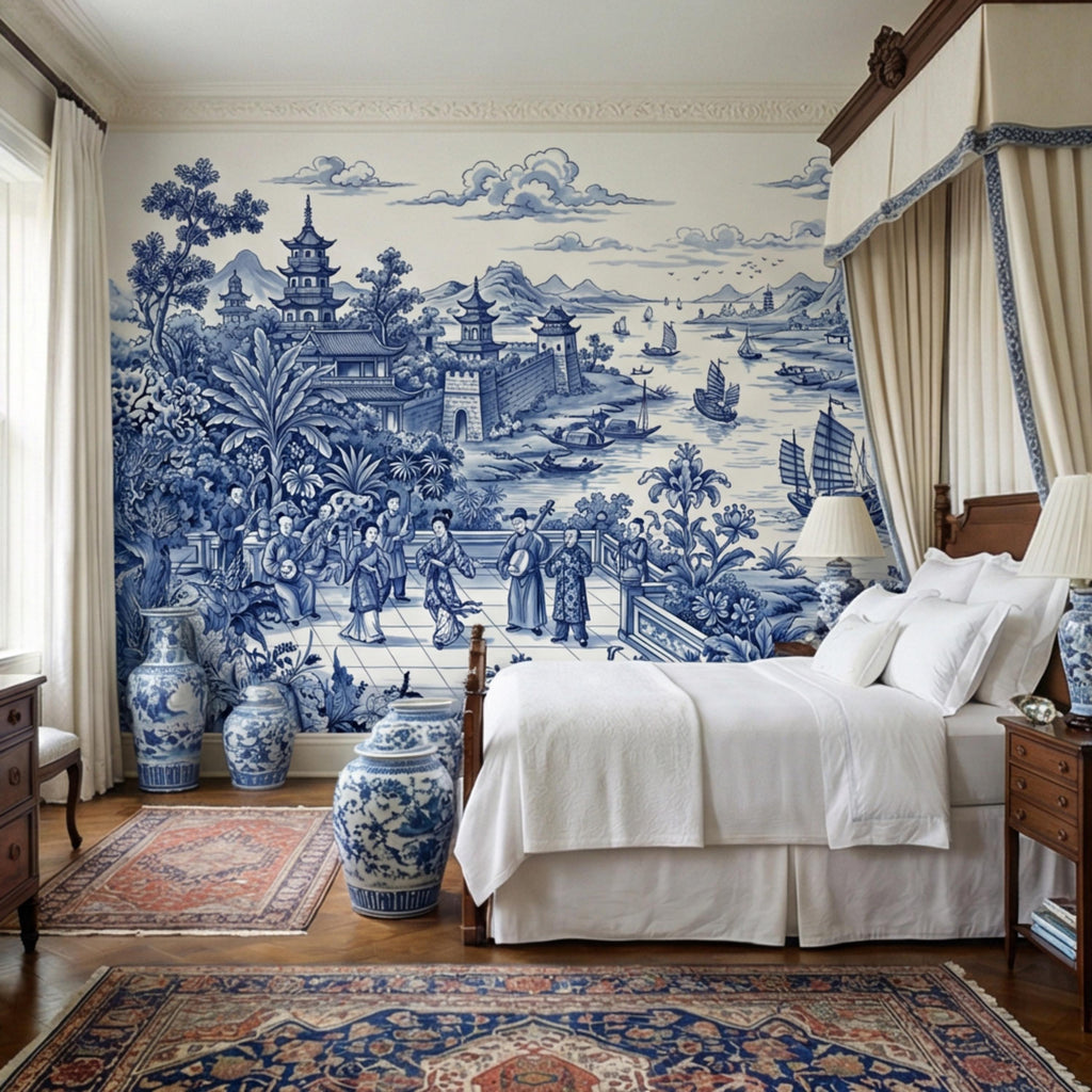 Blue & White Chinoiserie Toile Peel and Stick Wall Mural, Pagoda River Scene with Sailboats, Vintage Asian Landscape Wallpaper