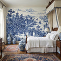 Blue & White Chinoiserie Toile Peel and Stick Wall Mural, Pagoda River Scene with Sailboats, Vintage Asian Landscape Wallpaper