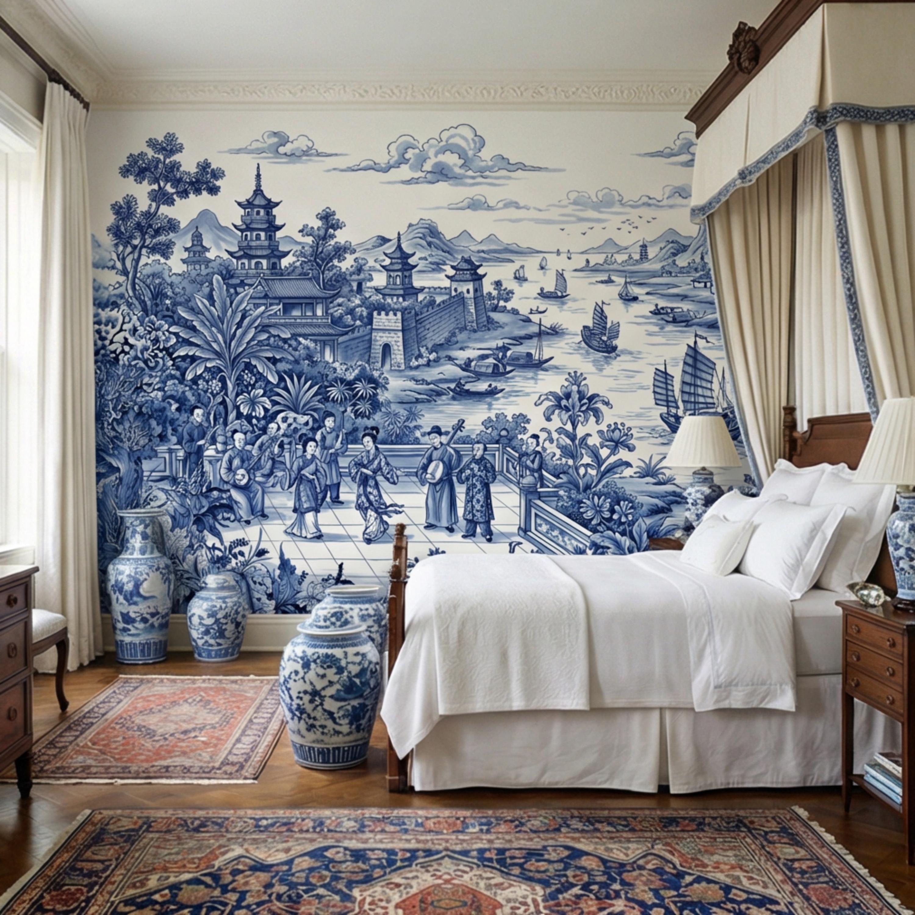 Blue & White Chinoiserie Toile Peel and Stick Wall Mural, Pagoda River Scene with Sailboats, Vintage Asian Landscape Wallpaper
