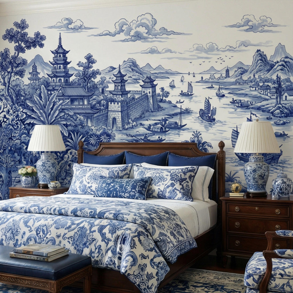 Blue & White Chinoiserie Toile Peel and Stick Wall Mural, Pagoda River Scene with Sailboats, Vintage Asian Landscape Wallpaper