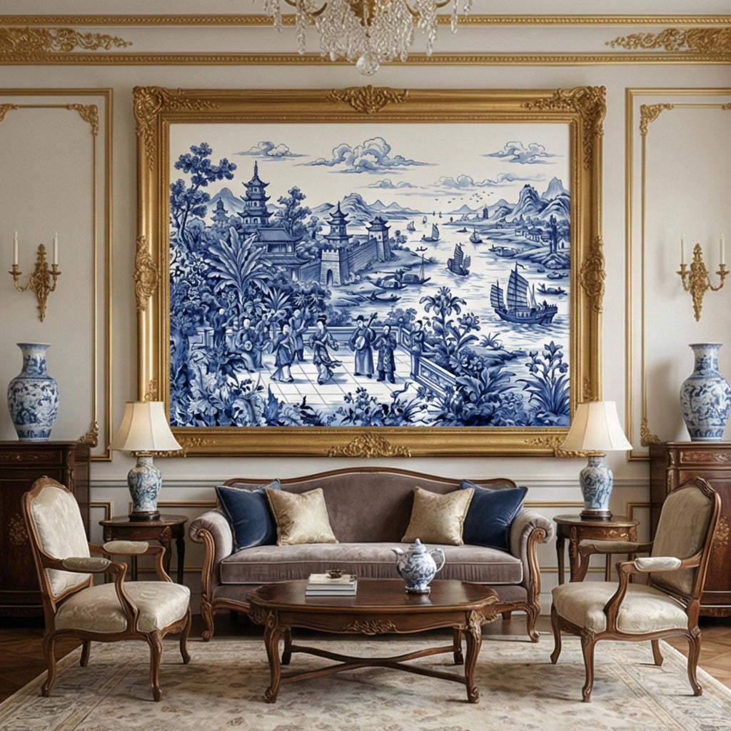 Blue & White Chinoiserie Toile Peel and Stick Wall Mural, Pagoda River Scene with Sailboats, Vintage Asian Landscape Wallpaper