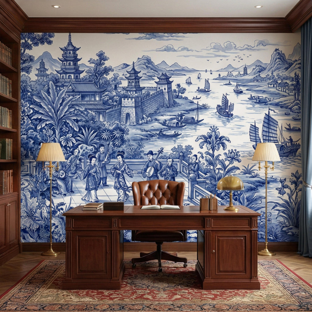 Blue & White Chinoiserie Toile Peel and Stick Wall Mural, Pagoda River Scene with Sailboats, Vintage Asian Landscape Wallpaper