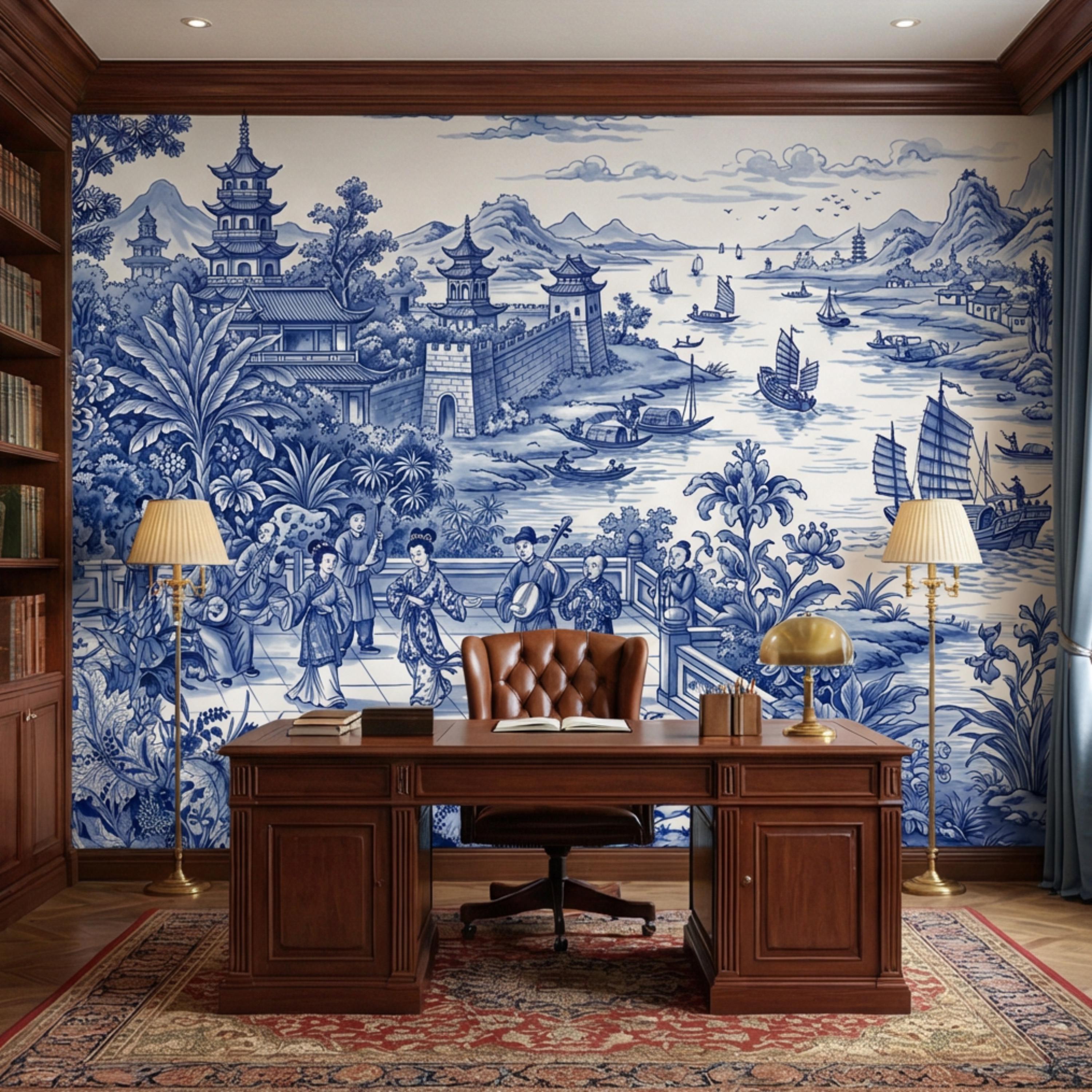 Blue & White Chinoiserie Toile Peel and Stick Wall Mural, Pagoda River Scene with Sailboats, Vintage Asian Landscape Wallpaper