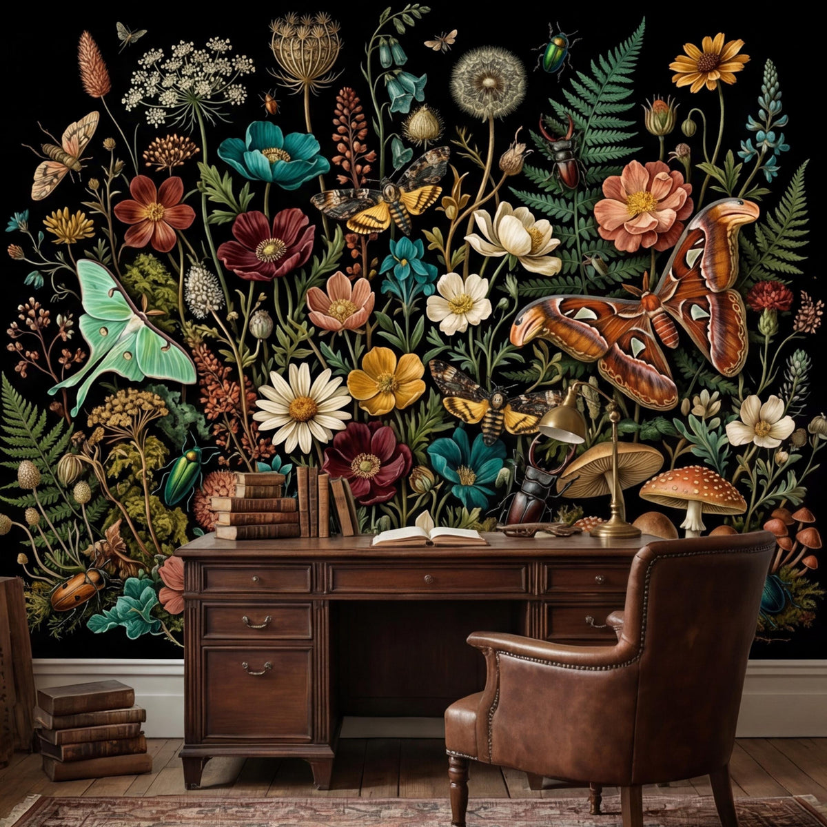 Dark botanical wallpaper mural featuring wildflowers, moths, and mushrooms pattern