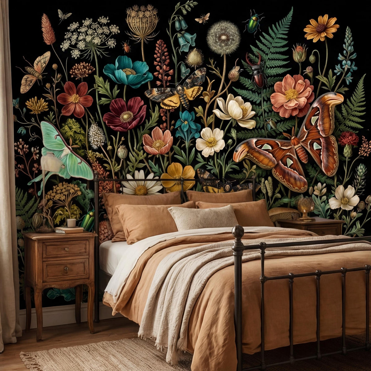 Dark botanical wallpaper mural with wildflowers, moths, mushrooms, and fern leaves