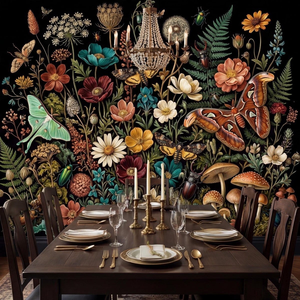 Dark botanical wallpaper mural featuring wildflowers, moths, mushrooms, and dandelion blooms