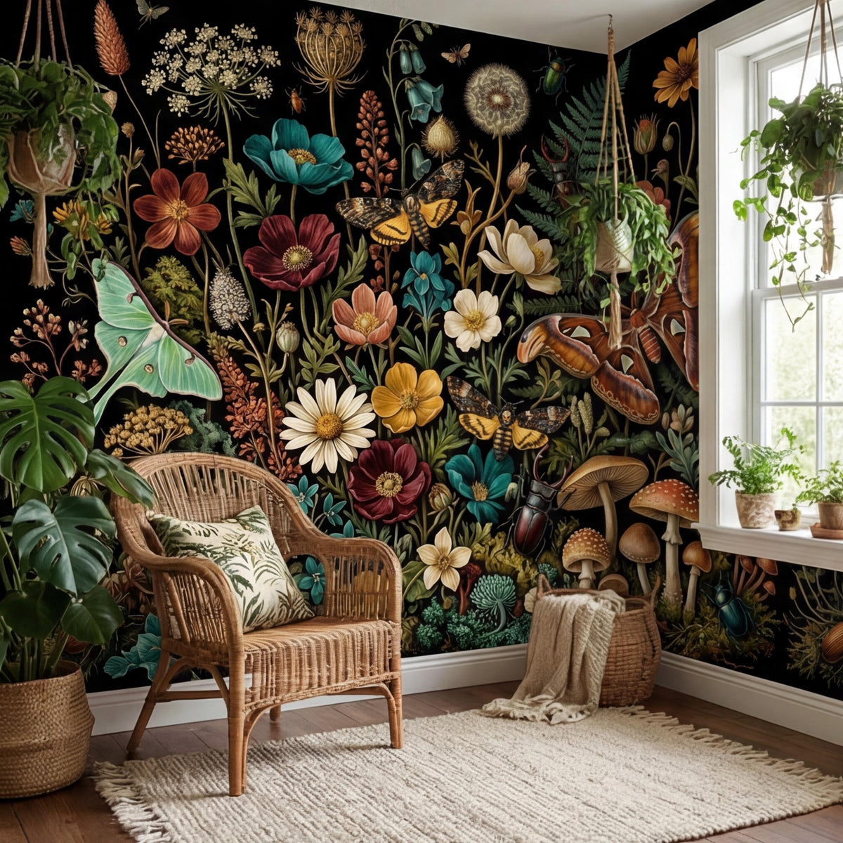 Dark botanical wallpaper mural with wildflowers, moths, and mushrooms illustration