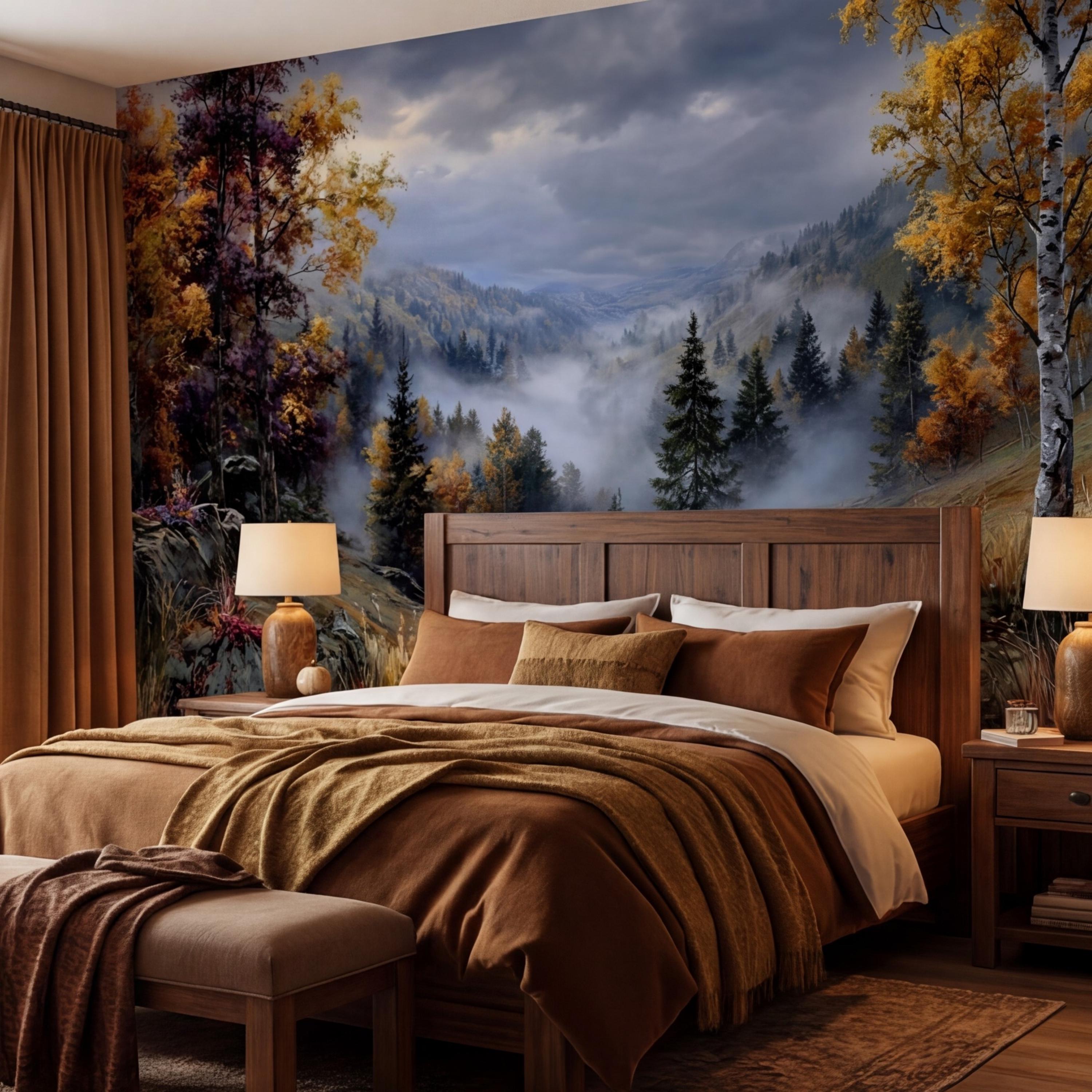 Vintage Oil Painting Autumn Mountain Valley Landscape Peel and Stick Wall Mural, Misty Forest Trail, Fall Foliage Scenic Nature Wallpaper