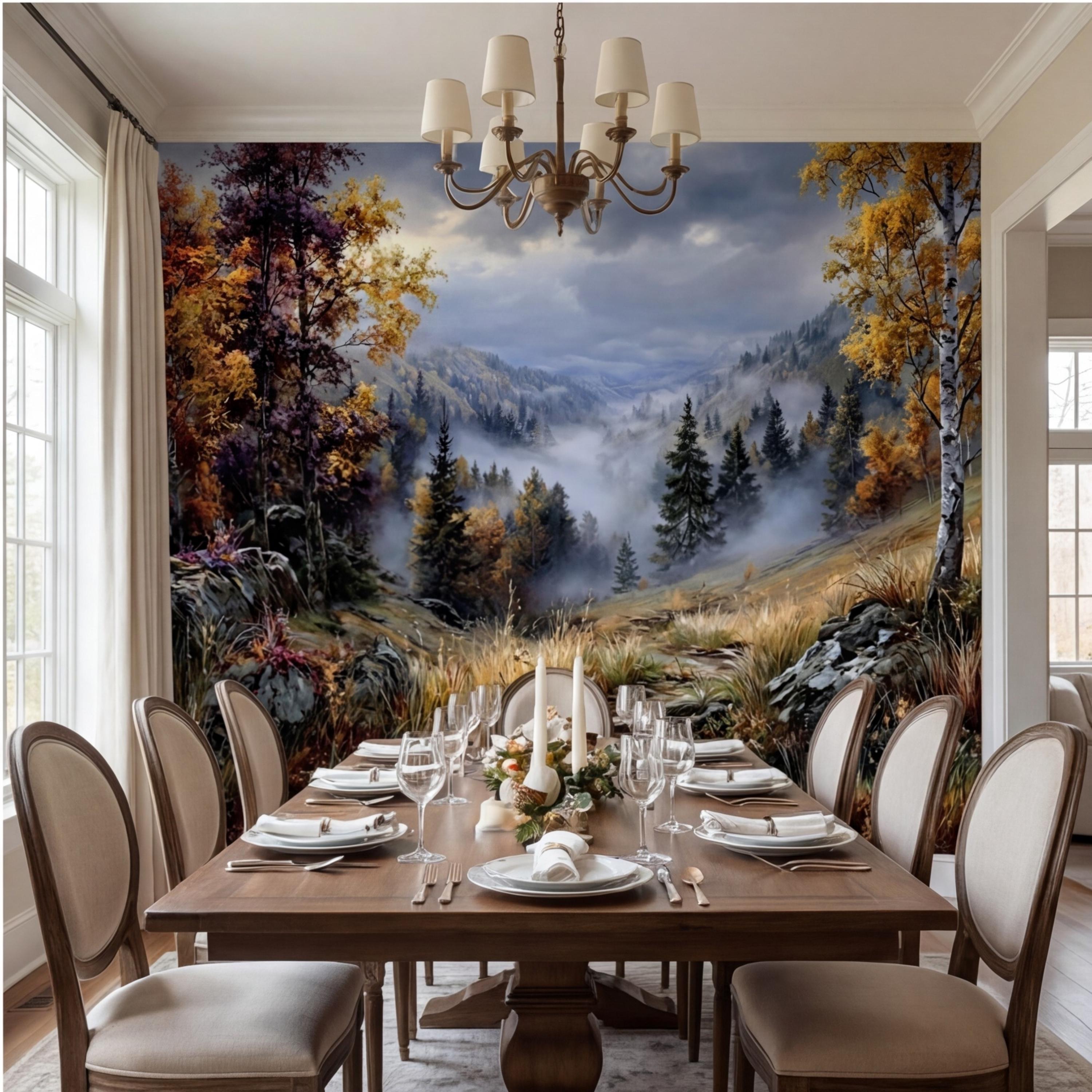 Vintage Oil Painting Autumn Mountain Valley Landscape Peel and Stick Wall Mural, Misty Forest Trail, Fall Foliage Scenic Nature Wallpaper