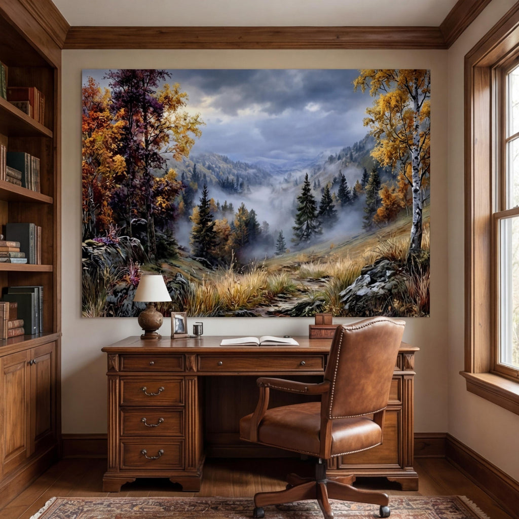 Vintage Oil Painting Autumn Mountain Valley Landscape Peel and Stick Wall Mural, Misty Forest Trail, Fall Foliage Scenic Nature Wallpaper