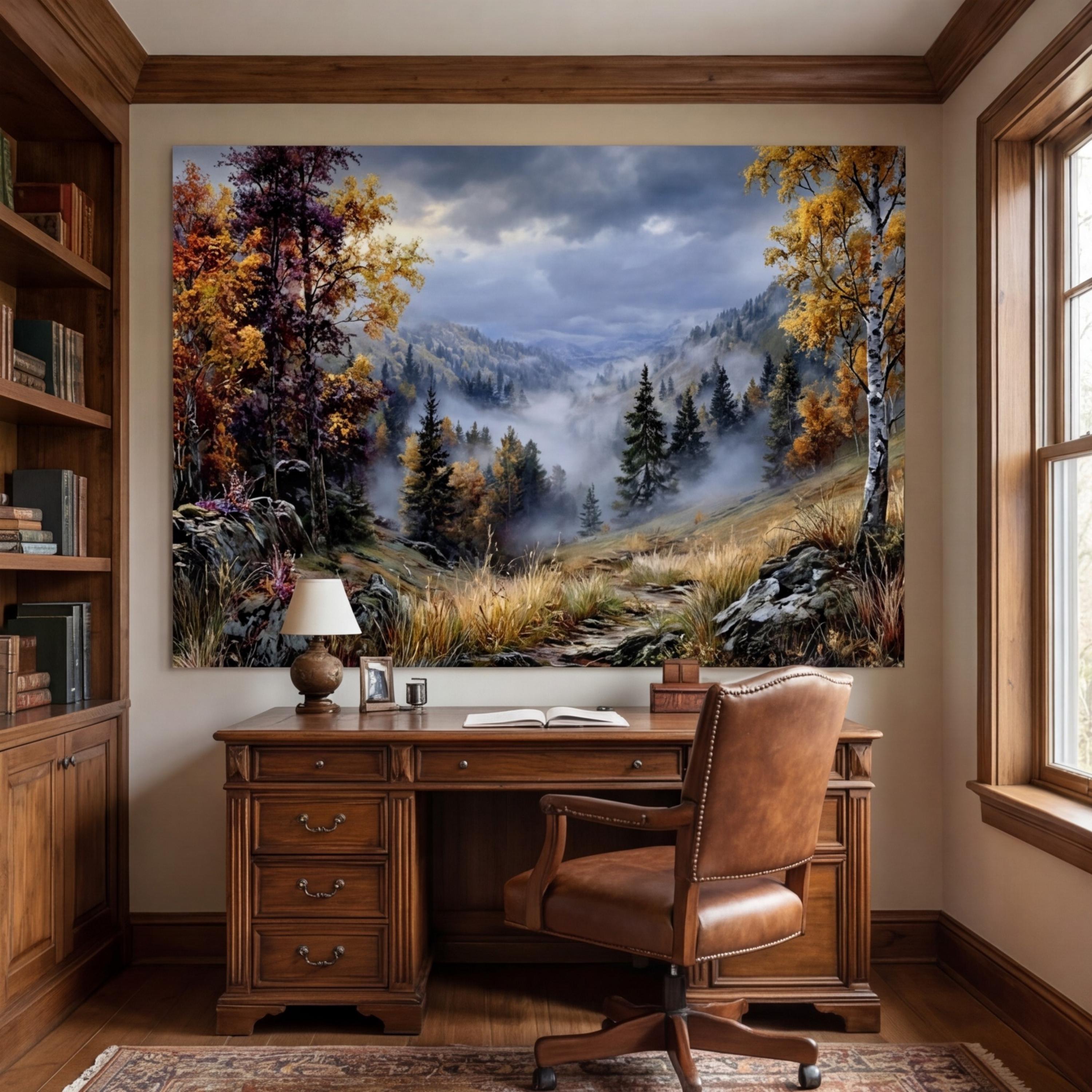 Vintage Oil Painting Autumn Mountain Valley Landscape Peel and Stick Wall Mural, Misty Forest Trail, Fall Foliage Scenic Nature Wallpaper